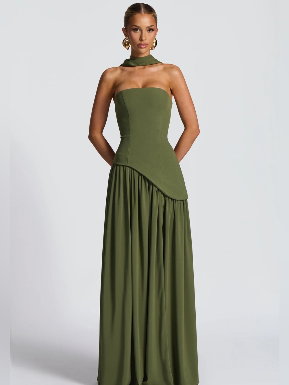 Olive Green Strapless High-Slit Gown - Picture 4 of 5